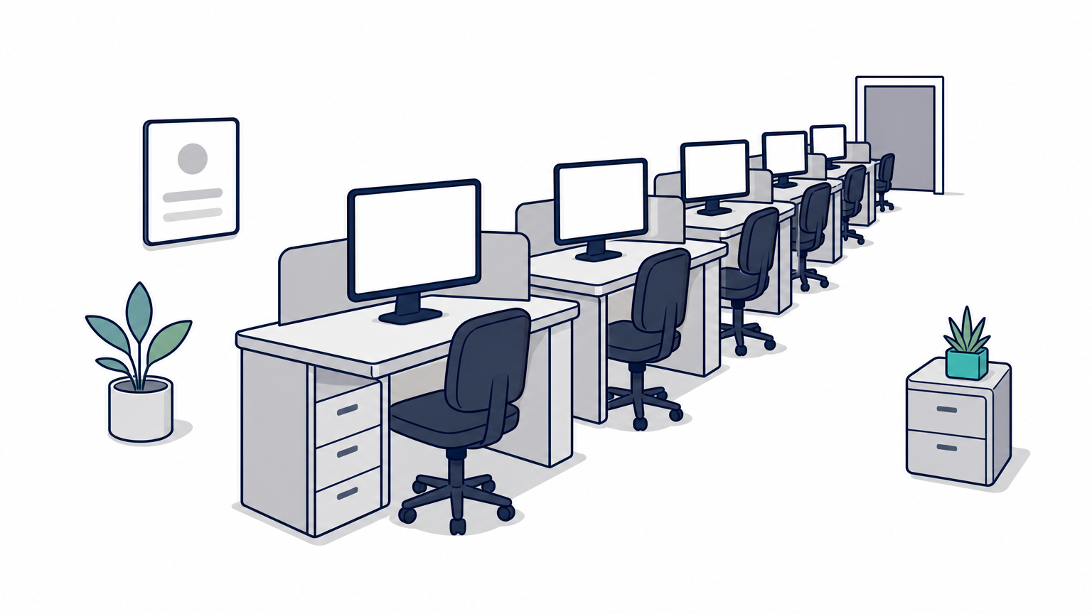 A single office desk extends into a longer row of identical desks with computer monitors.