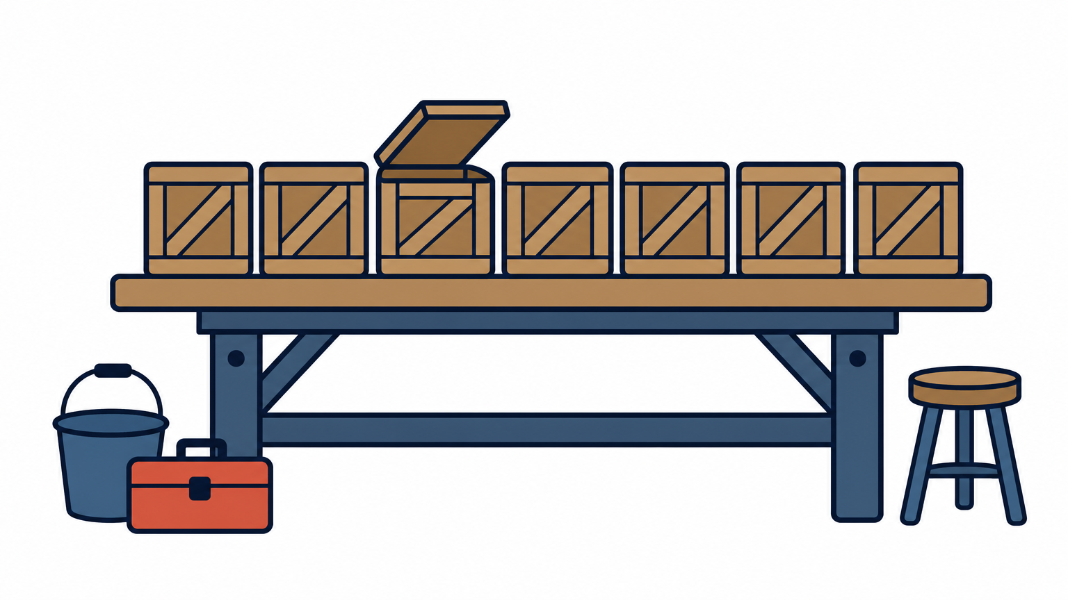 Seven wooden crates in a row on a workbench, one with its lid open.