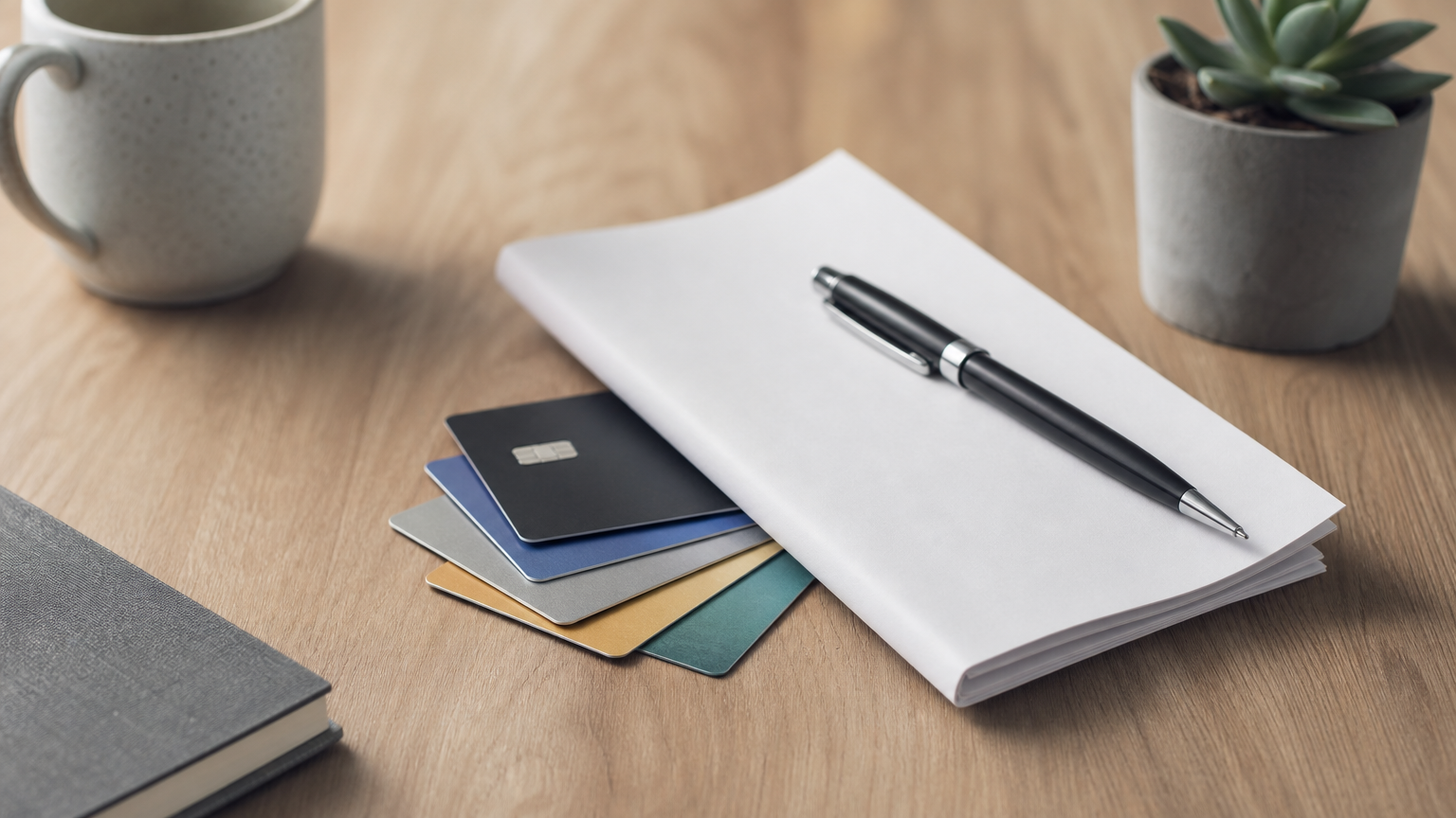 Several credit cards fanned out on a desk beside a folded loan agreement and a pen.