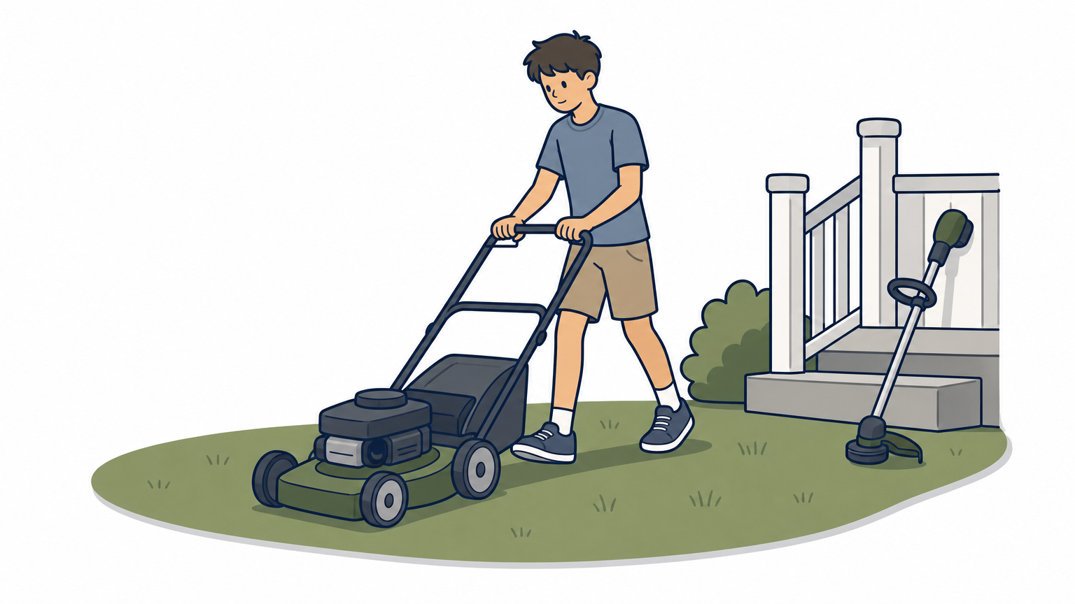 A teenager pushes a mower across a small, flat front lawn while a string trimmer rests on the porch step.