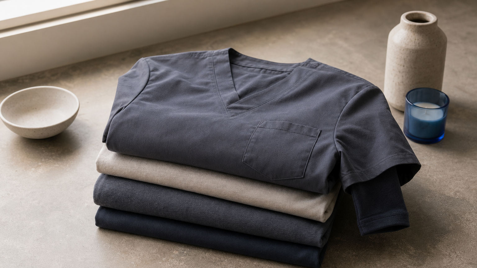 Three folded long sleeve tees stacked under a short sleeve scrub top, with one cuff peeking out.