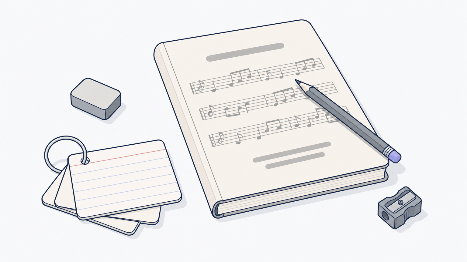 A stack of blank index cards on a key ring beside a closed printed piano score and a pencil.