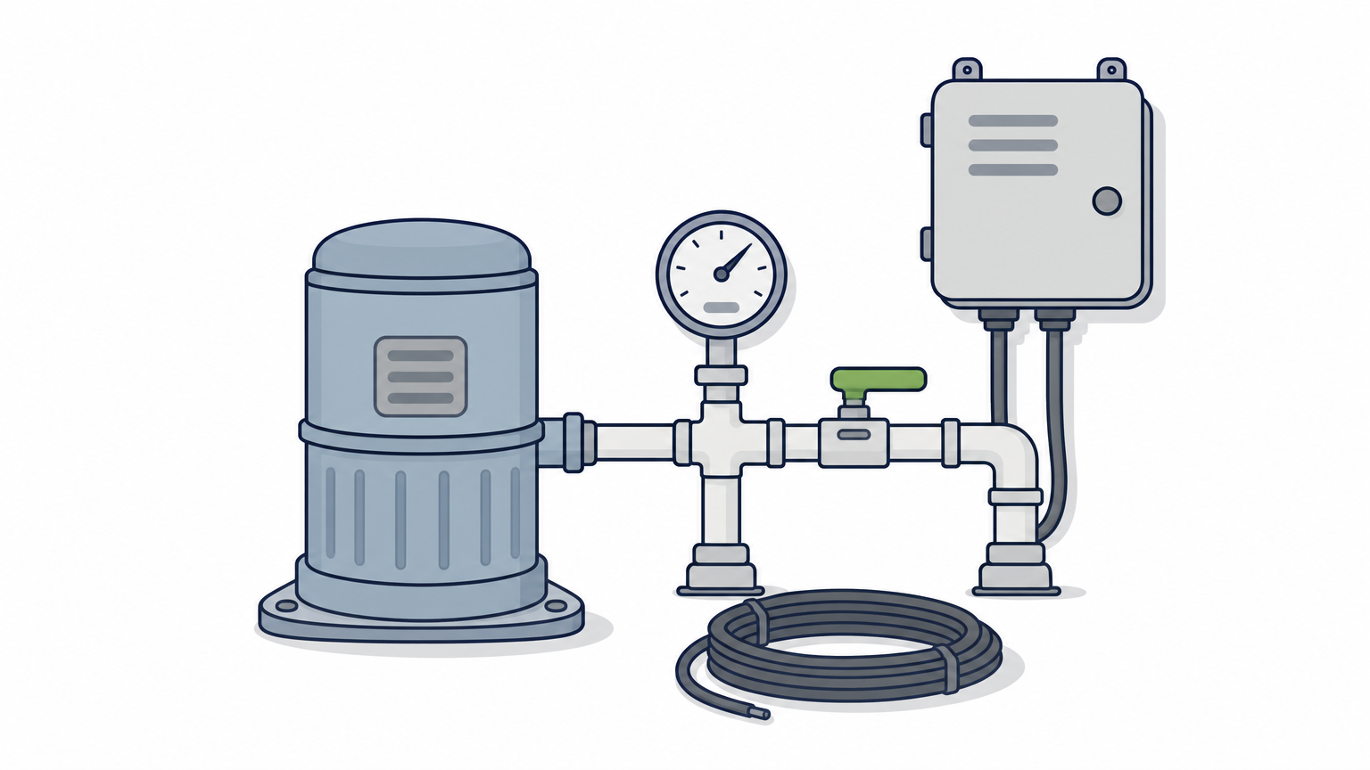 A well pump housing sits beside a pressure gauge on a PVC manifold, with a control box mounted nearby.