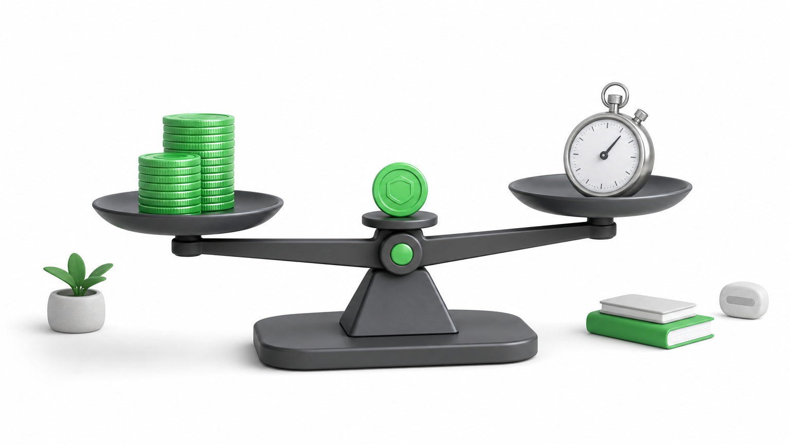 A balance scale weighs a stack of coins against a stopwatch, with a small token resting on the beam.