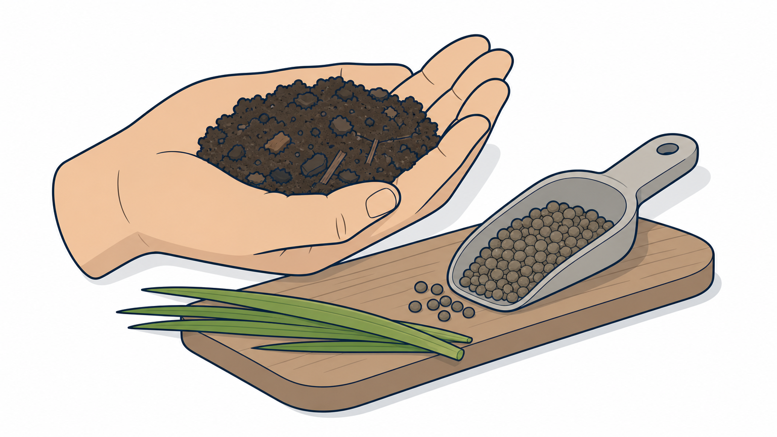 A hand holds crumbly compost beside a scoop of granular organic fertilizer on a wooden board with grass blades.