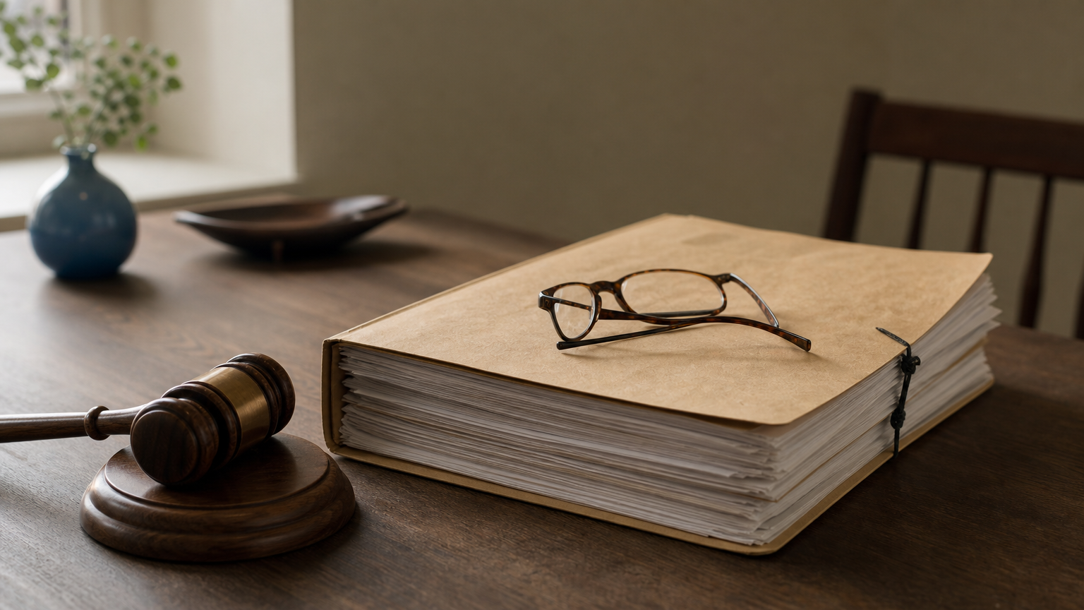 A thick court filing folder beside a wooden gavel and a pair of reading glasses on a table.