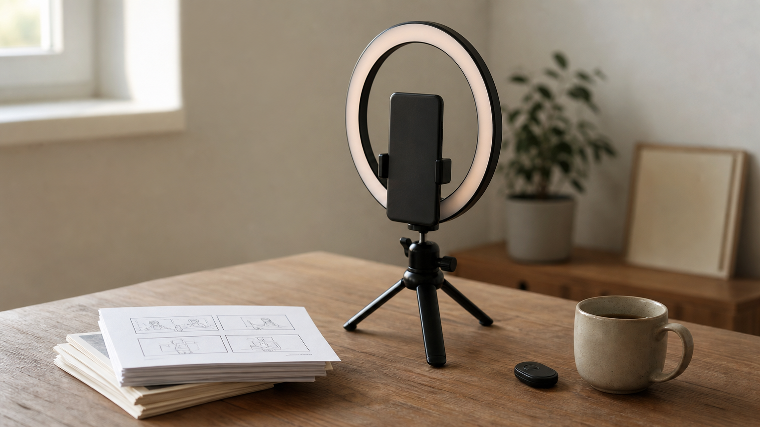 A phone on a tripod beside storyboard cards on a creator's desk.