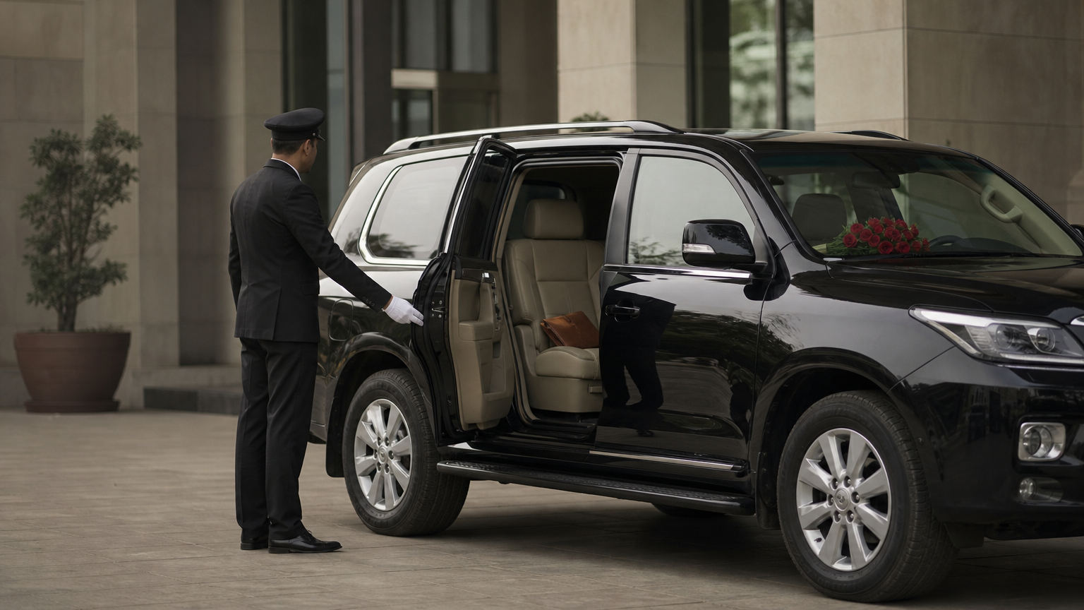 A full-size SUV waits at a building entrance while a uniformed driver holds its rear door open for a passenger.
