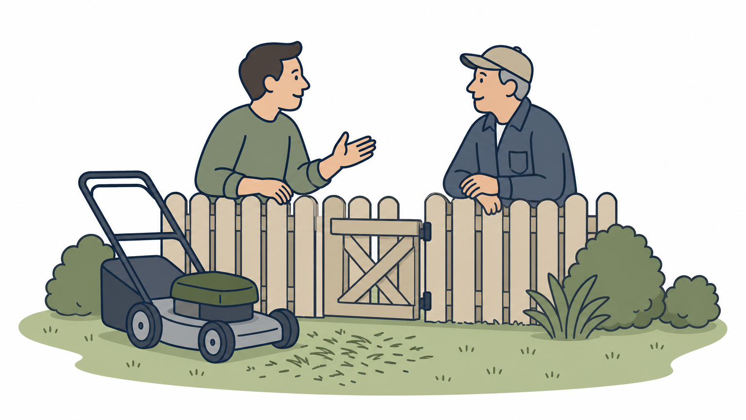 Two neighbors chat across a low wooden fence beside a freshly mowed lawn and a parked mower.