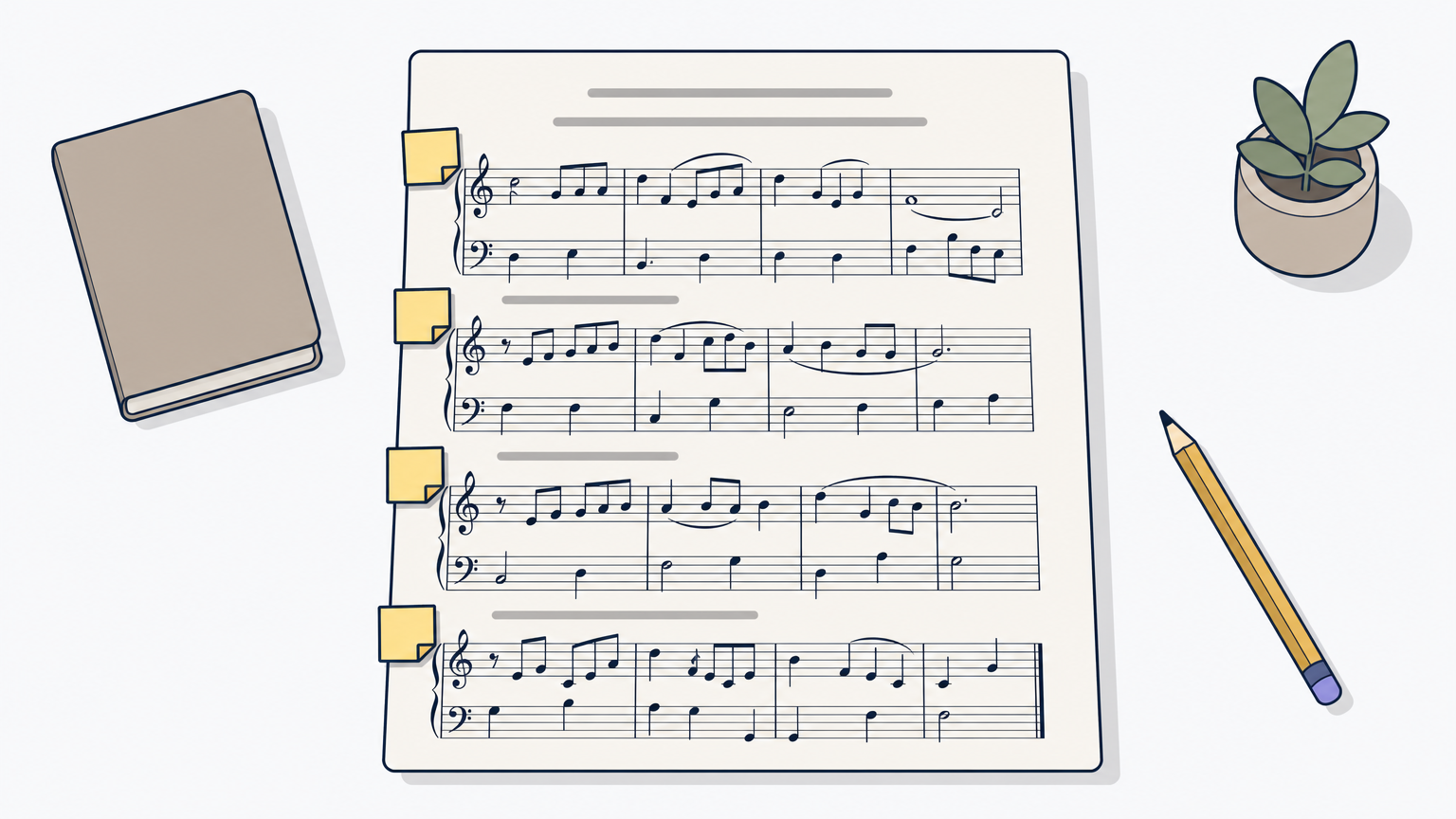 A printed piano score with four sticky notes marking different phrase starts across the page.