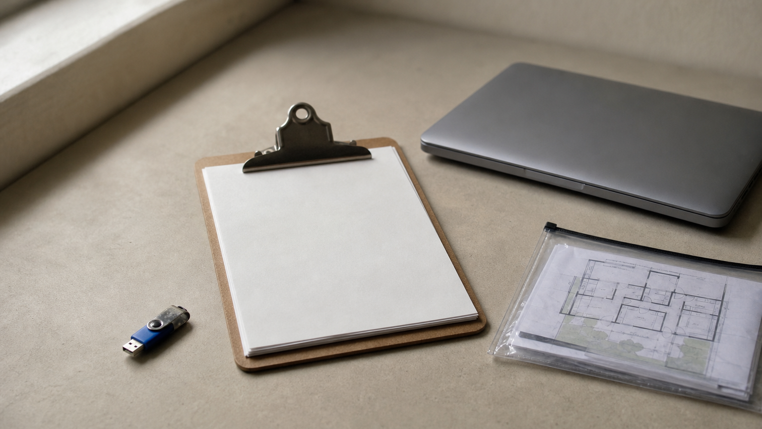 A printed contact list, a spare USB drive and a paper plan sit on a desk beside a closed laptop.