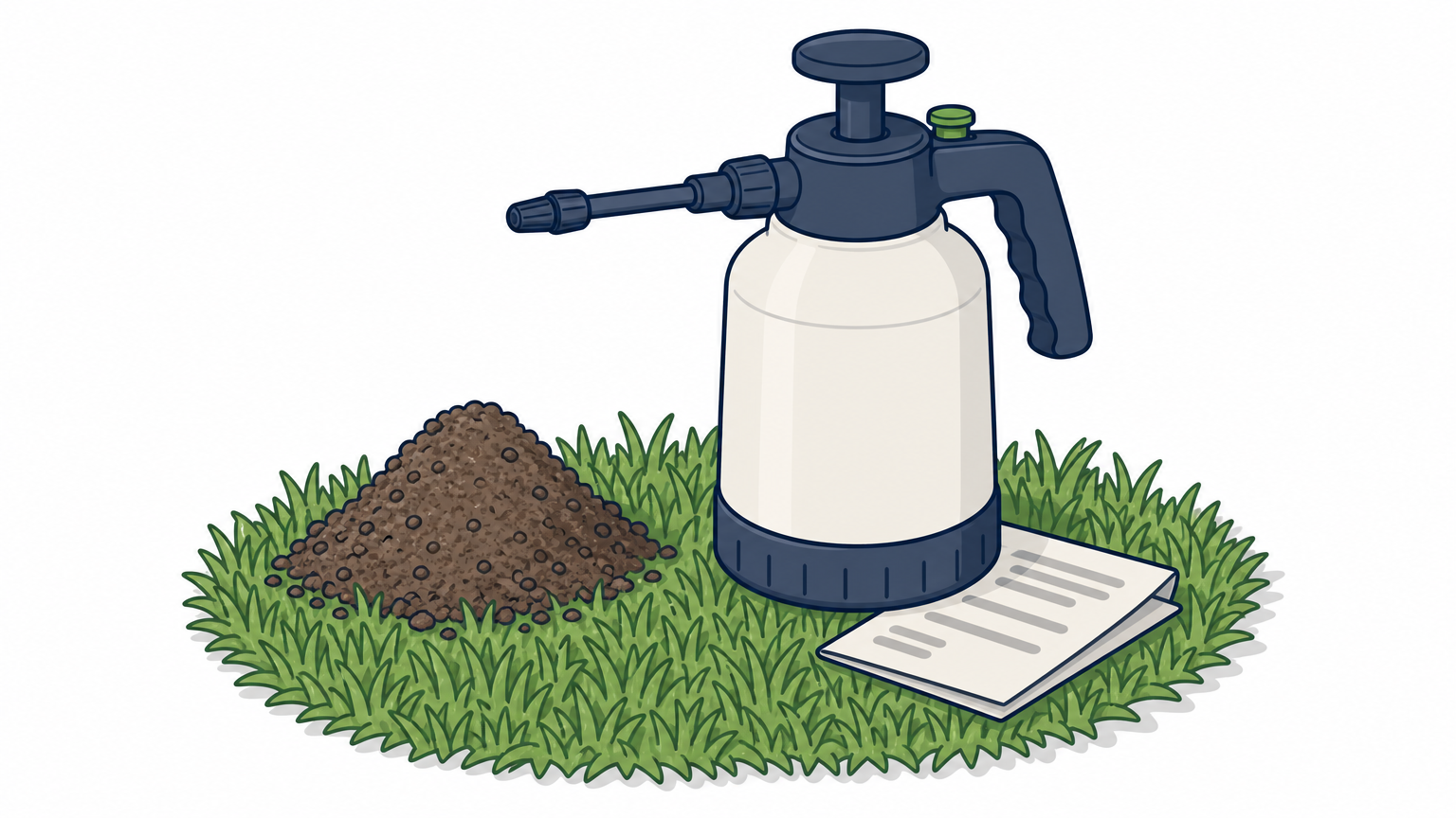 A fire ant mound rises from a St. Augustinegrass lawn beside a hand-held pump sprayer and a folded invoice.