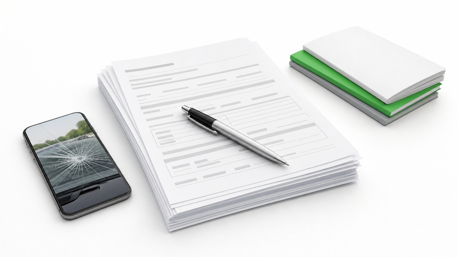 Paper claim forms sit beside a phone displaying a photo of a cracked windshield, with policy booklets nearby.