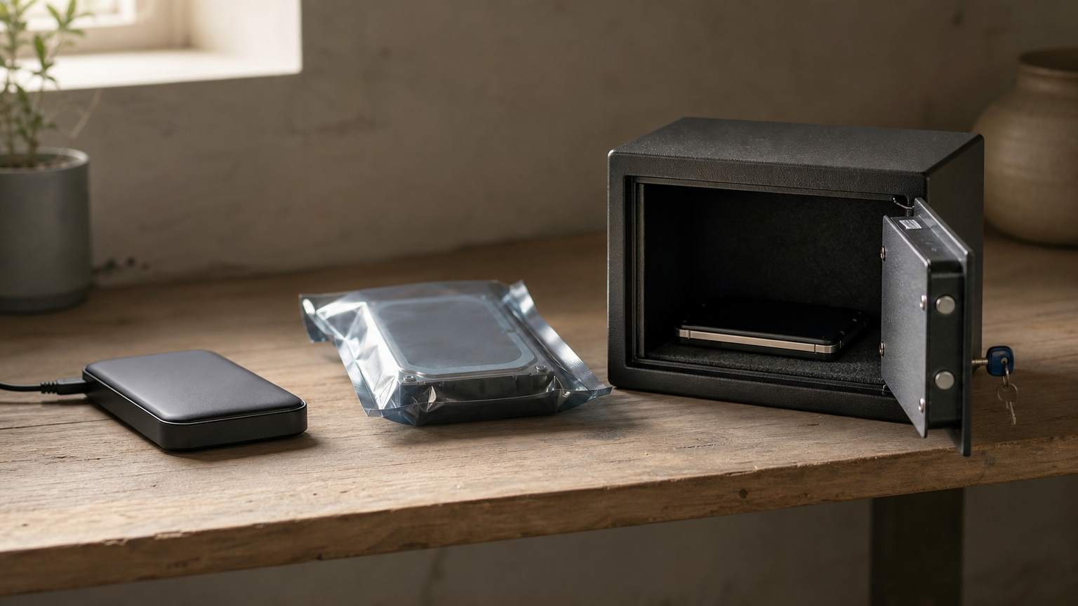 Three storage devices sit apart on a shelf, one of them locked inside a small safe.