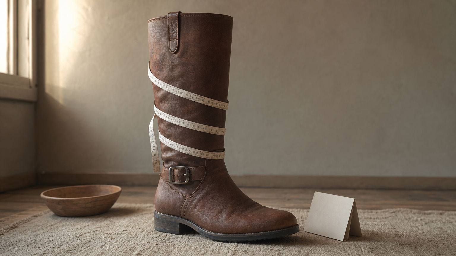 A tall boot stands upright with a tape measure wrapped around its shaft beside a folded size chart.