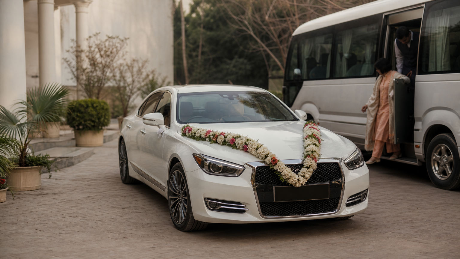 A flower-decorated bridal car stands beside a 25-seater coaster while guests step off at a venue entrance.