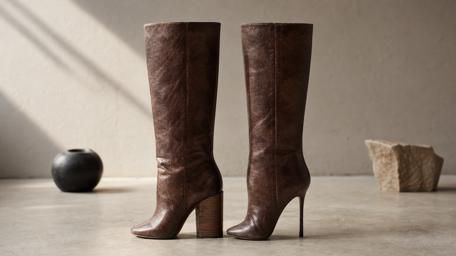 Two tall boots stand side by side, one with a chunky block heel and one with a slim stiletto heel.