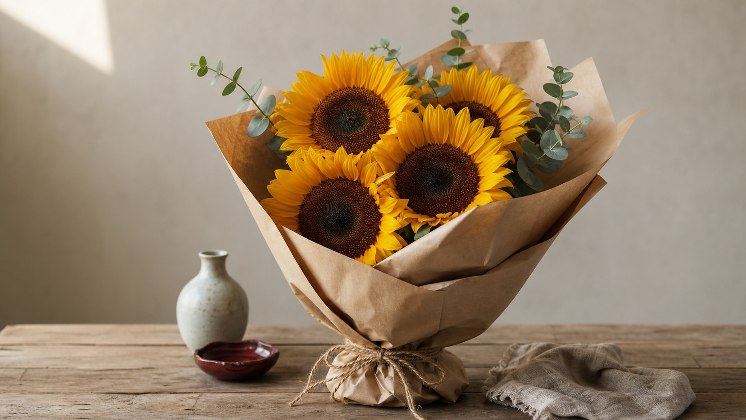 Get Well Soon Flowers Pictures A handful of sunflowers wrapped in paper and tied with twine, with eucalyptus sprigs beside them.