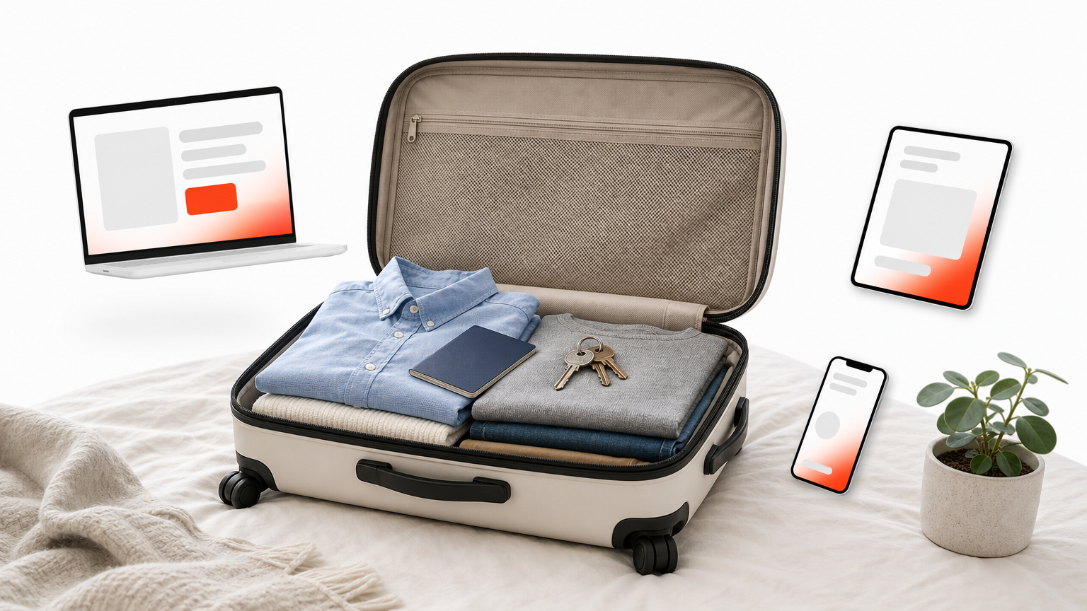 An open suitcase on a bed holding folded shirts, a passport, and a ring of keys.
