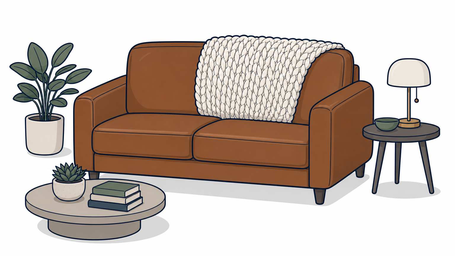 A chunky wool throw draped over the back of a leather sofa, one edge tucked into the seat seam.
