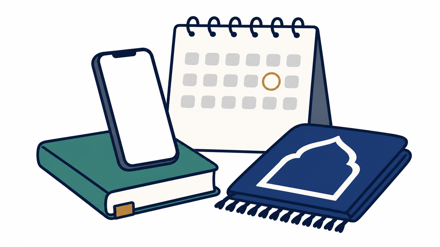 A phone leans on a notebook beside a folded prayer mat and a circled calendar date.
