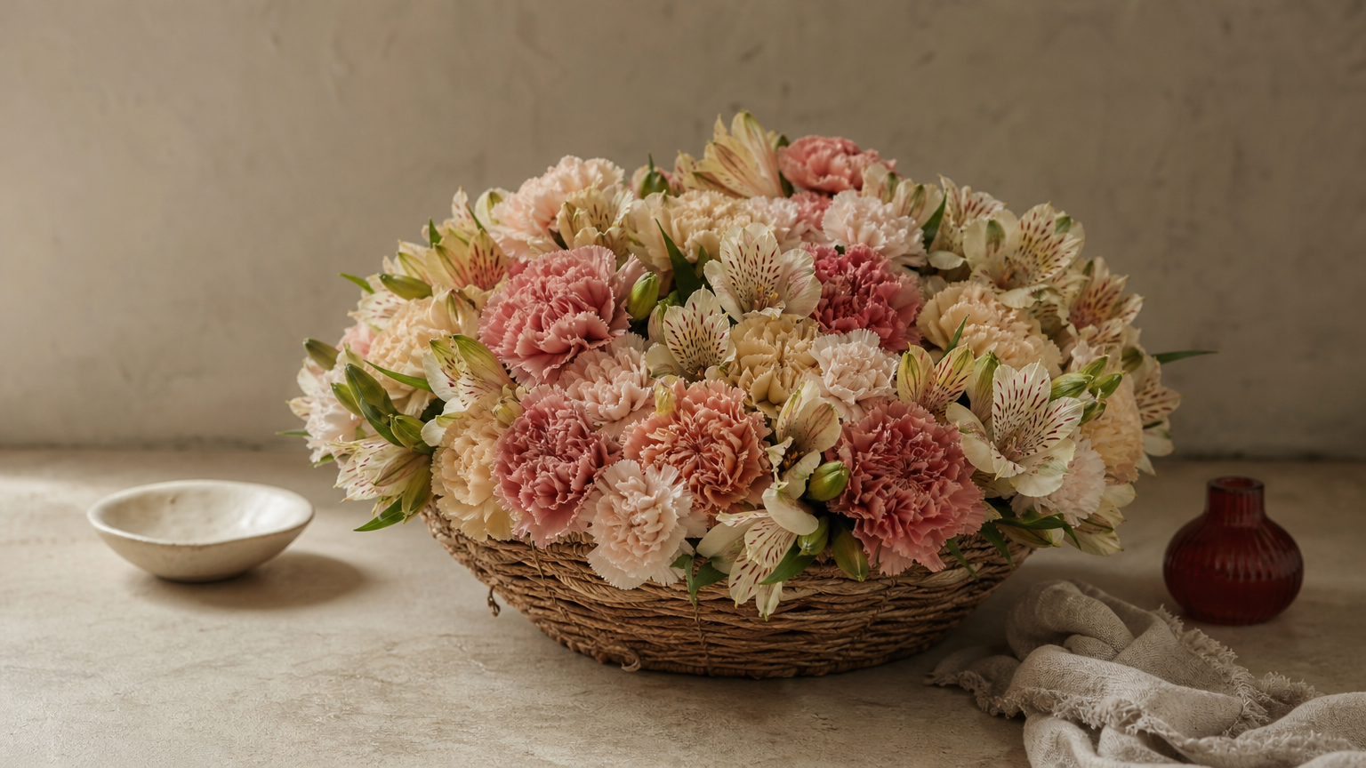 Get Well Soon Flowers Pictures A low basket packed with ruffled carnations and speckled astromelia flowers.