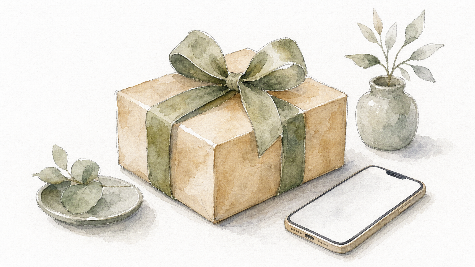 A wrapped gift box with a ribbon bow sits beside a smartphone on a table.