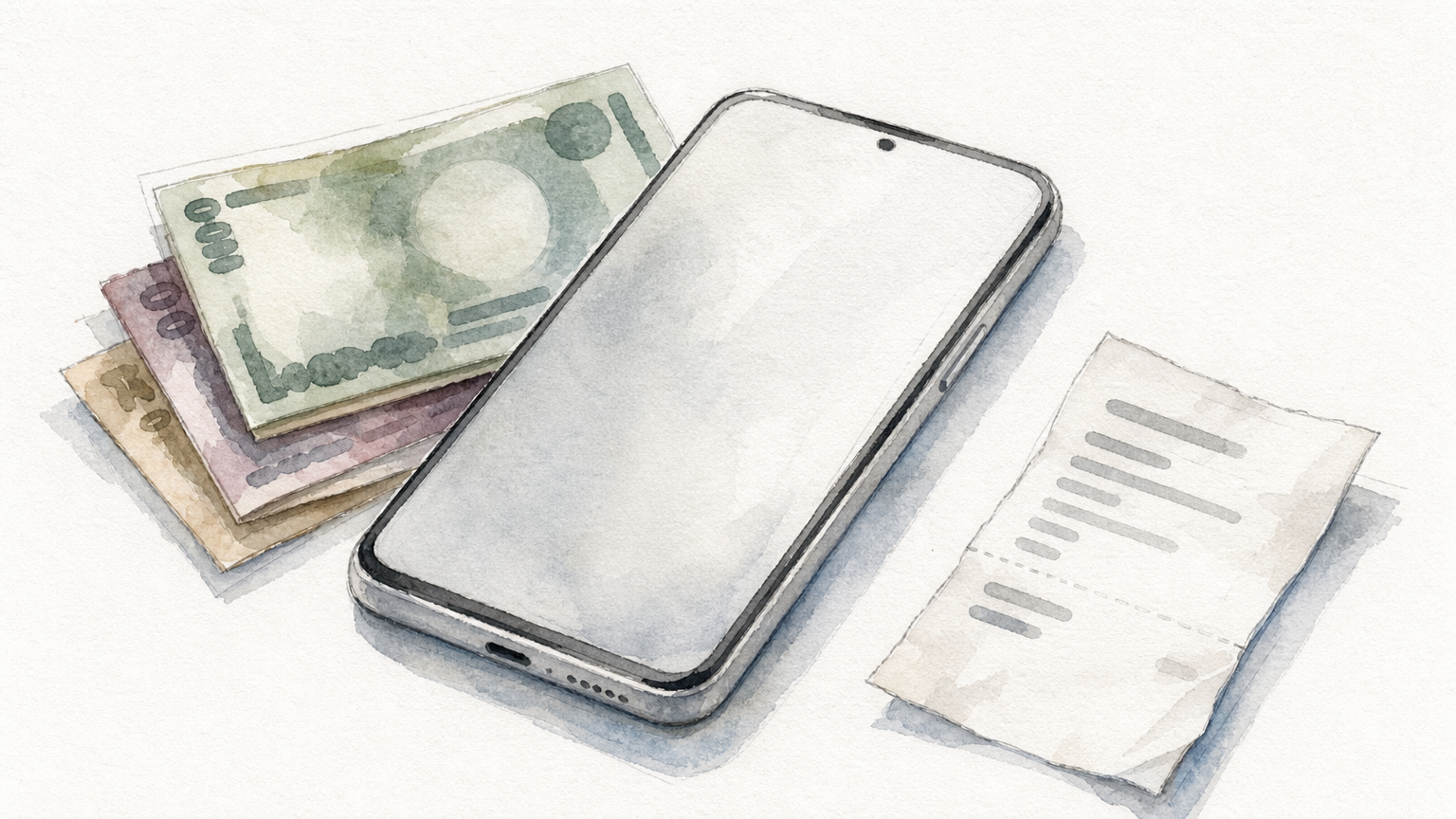 A smartphone lies on a table beside a stack of taka banknotes and a folded paper receipt.