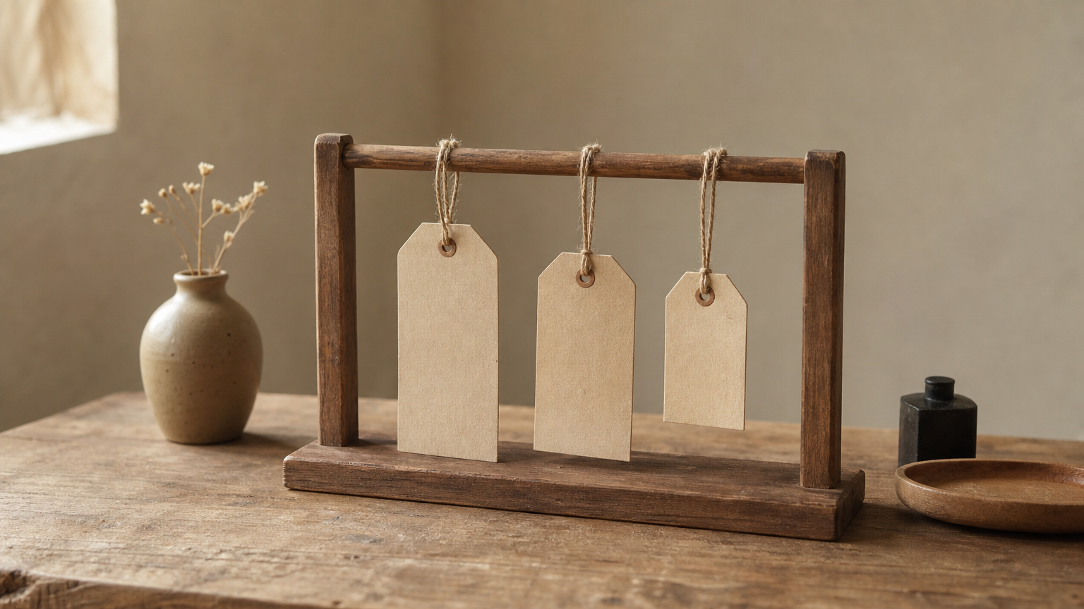 Three price tags of different heights hang from a wooden rack.