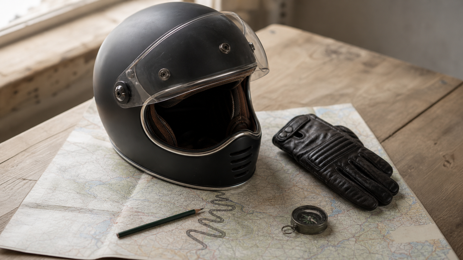 Un casque de moto posé sur une carte routière dépliée, avec un trajet de montagne tracé au crayon.
