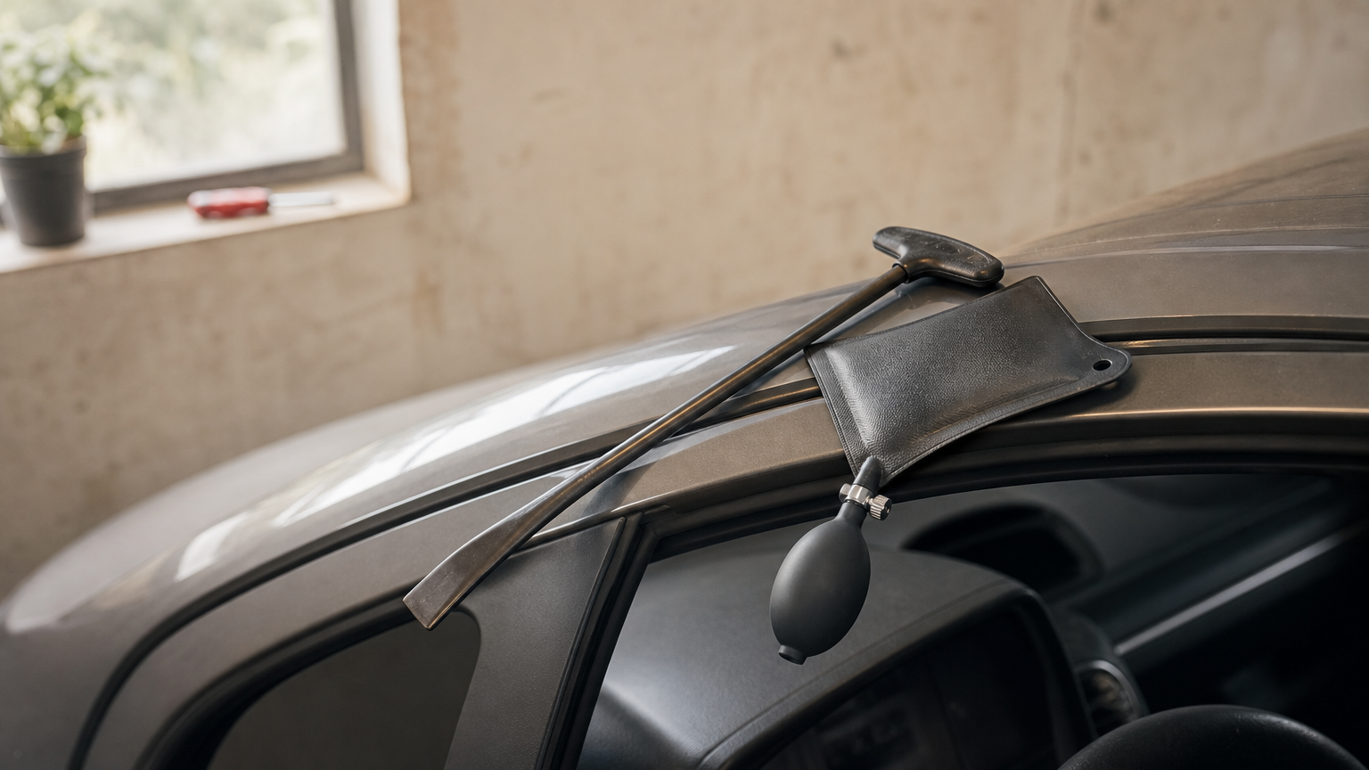 Long-reach tool and air wedge positioned at the top edge of a car door frame.