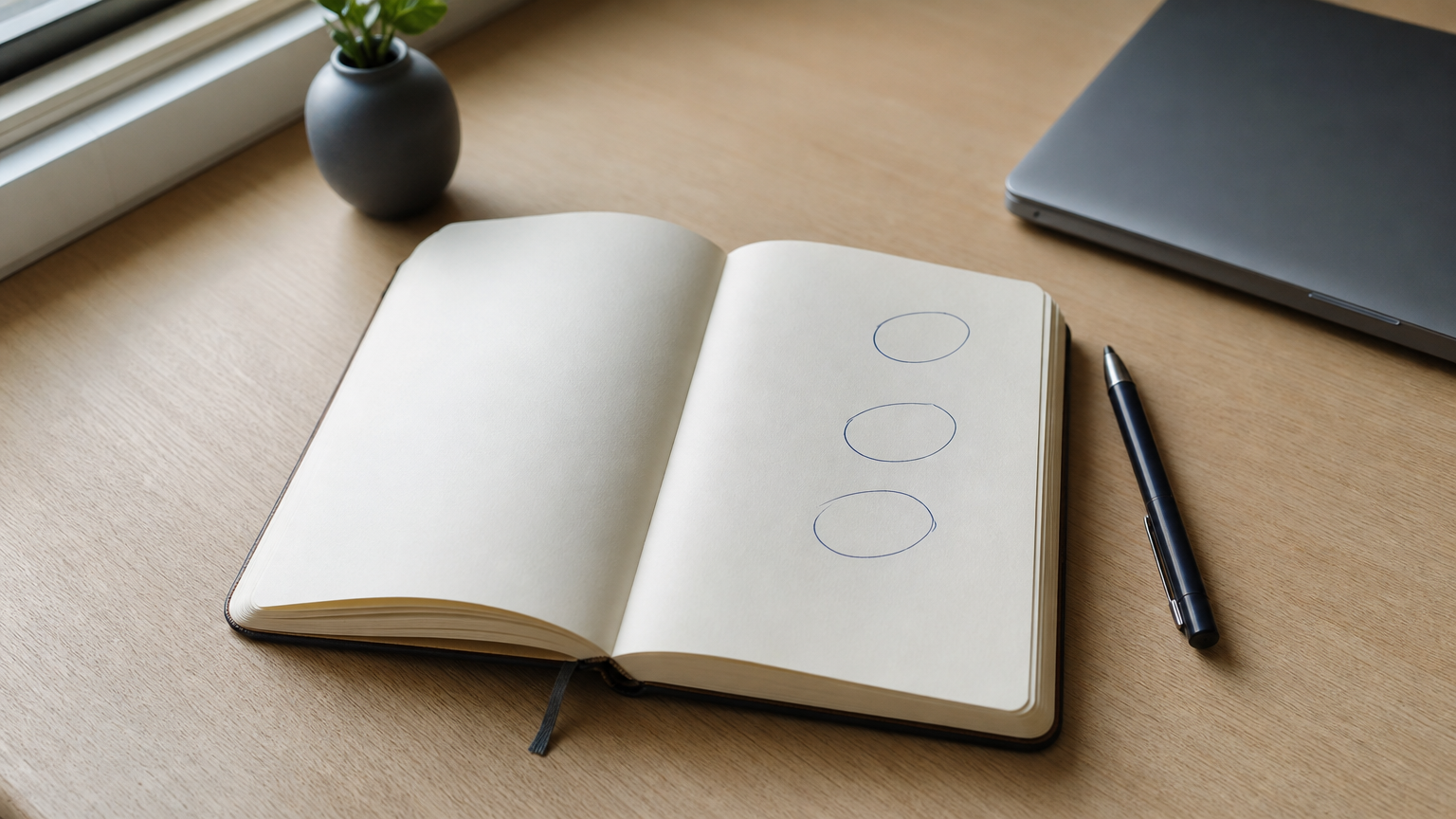 An open notebook with circled dates sits beside a pen and laptop.