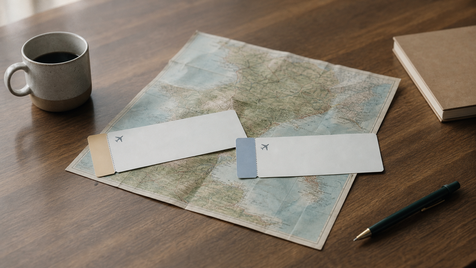 Deux billets d'avion posés sur une table, un départ au sud et un retour au nord, avec une carte en fond.