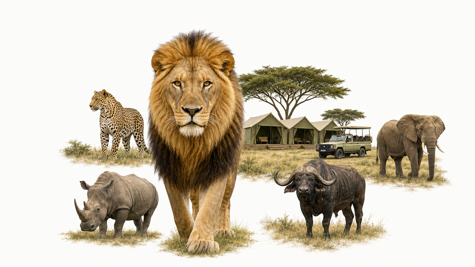 A small safari camp of three tents on an open plain, with a safari vehicle parked beside them.