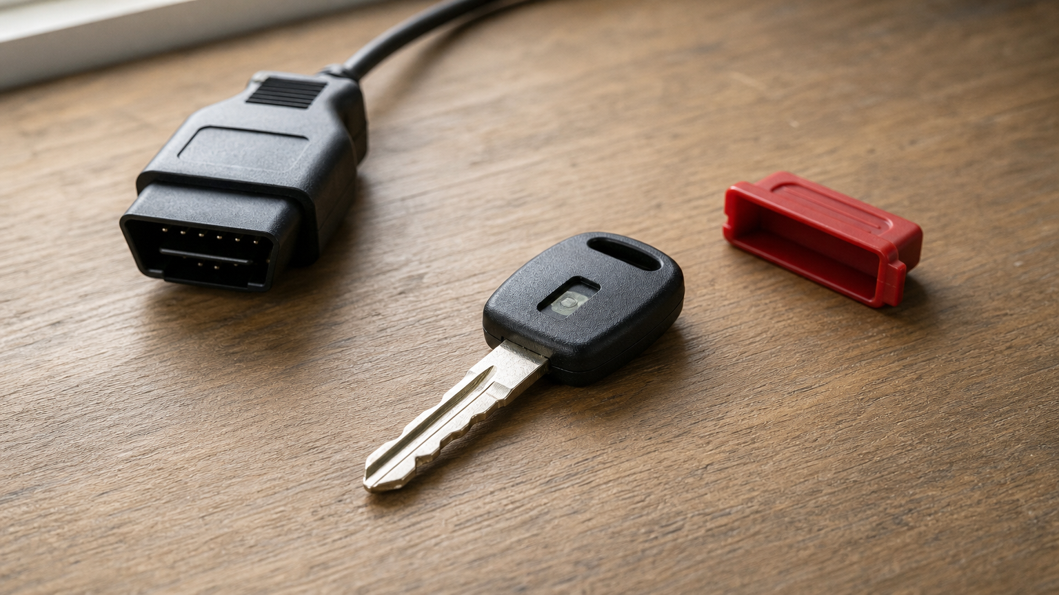 A cut transponder key beside a diagnostic cable and an OBD port cover.