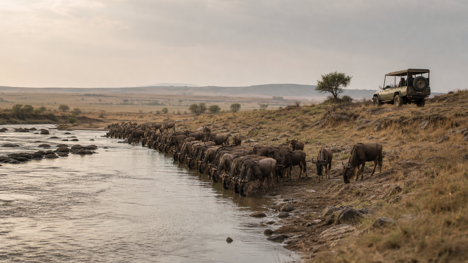 A line of wildebeest gathers at a river bank while a safari vehicle waits on a nearby rise.