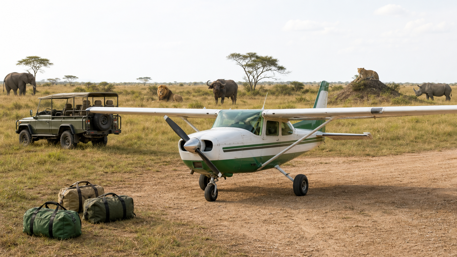 A small light aircraft on a dirt airstrip beside a safari vehicle, with soft duffel bags on the grass.