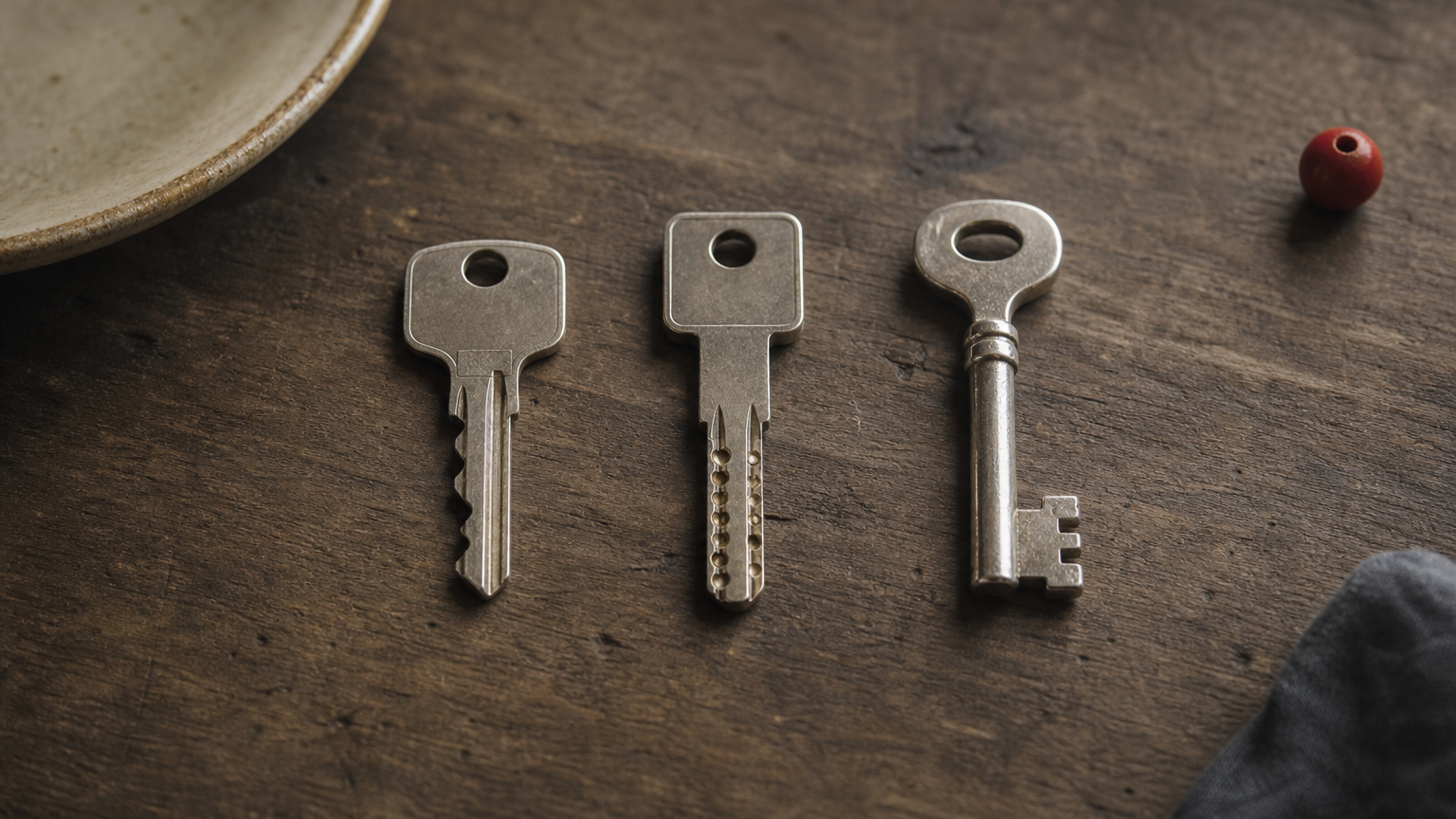 Three car keys side by side showing standard, laser-cut, and sidewinder blade profiles.