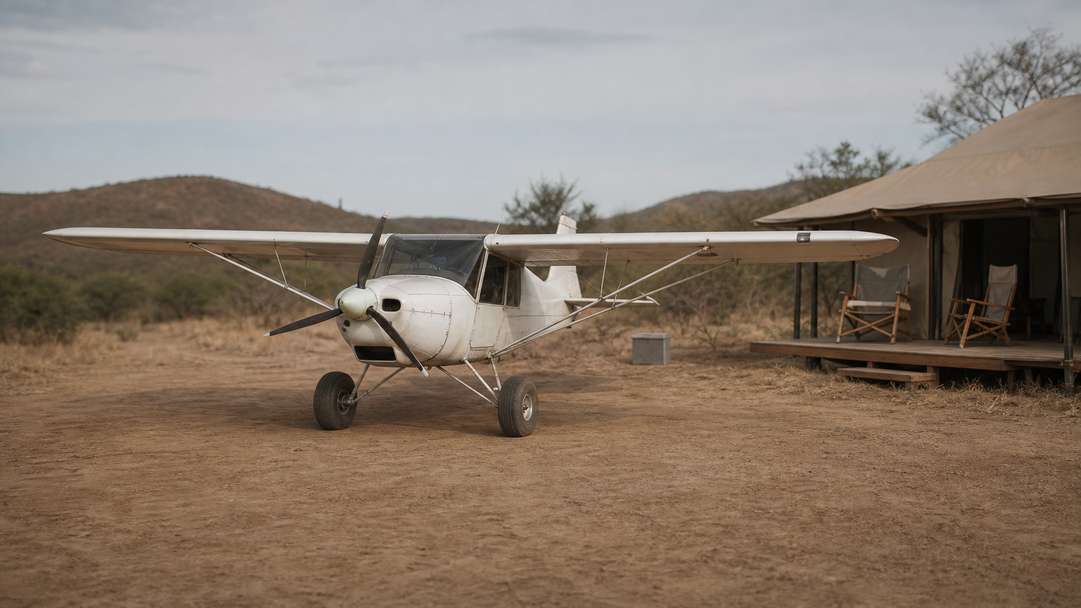 A small bush plane sits on a dirt airstrip beside a canvas tent with a wooden deck.