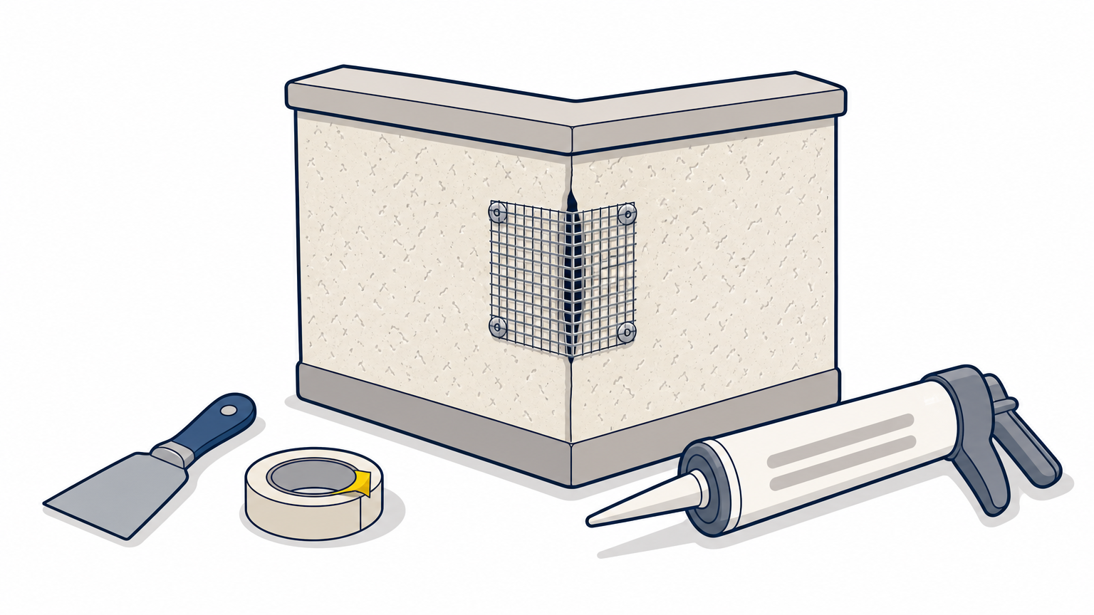 A stucco wall corner with metal mesh covering a small gap, beside a sealant tube.