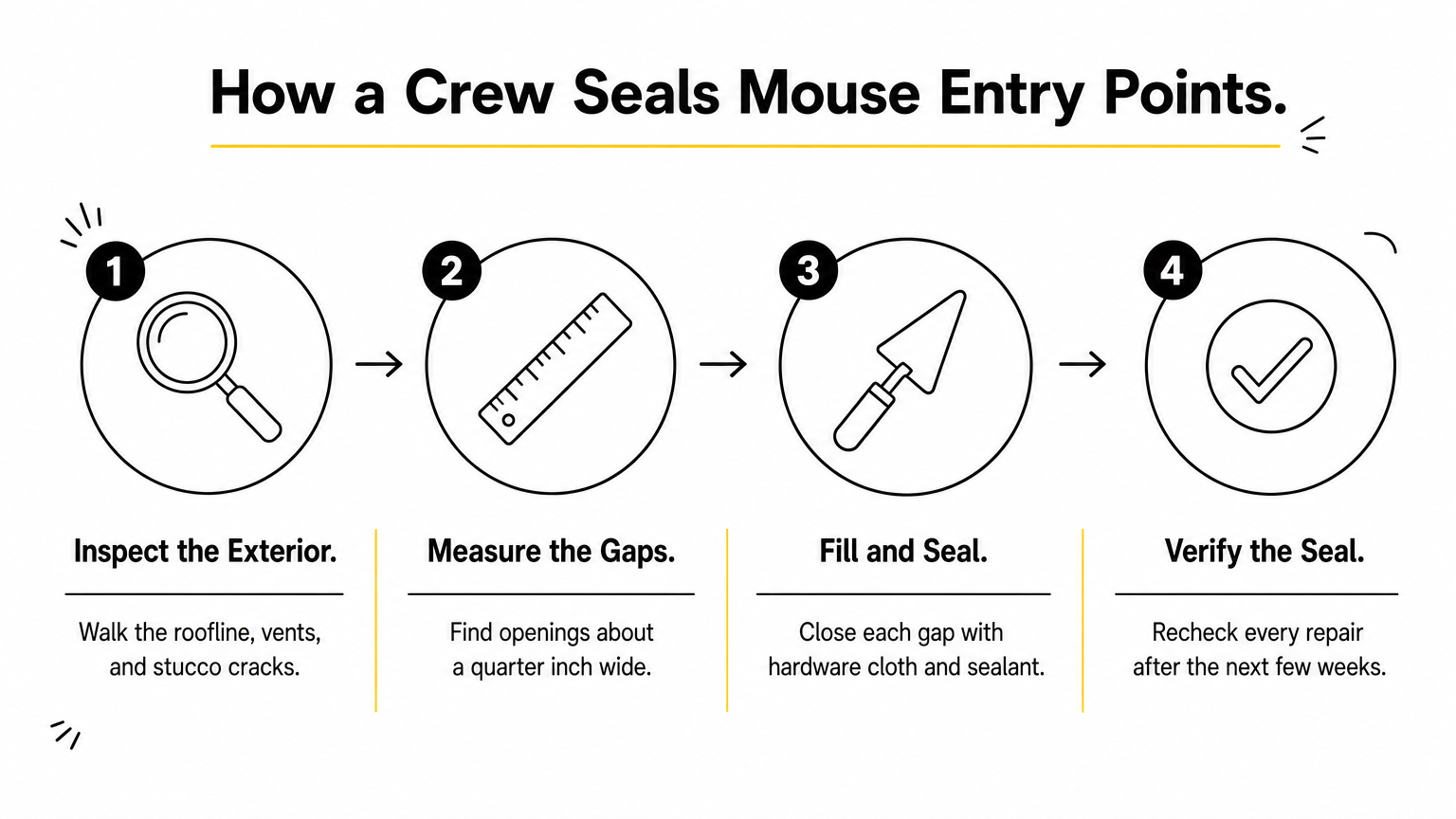 A four-step process diagram showing how a crew inspects, measures, seals, and verifies mouse entry points.