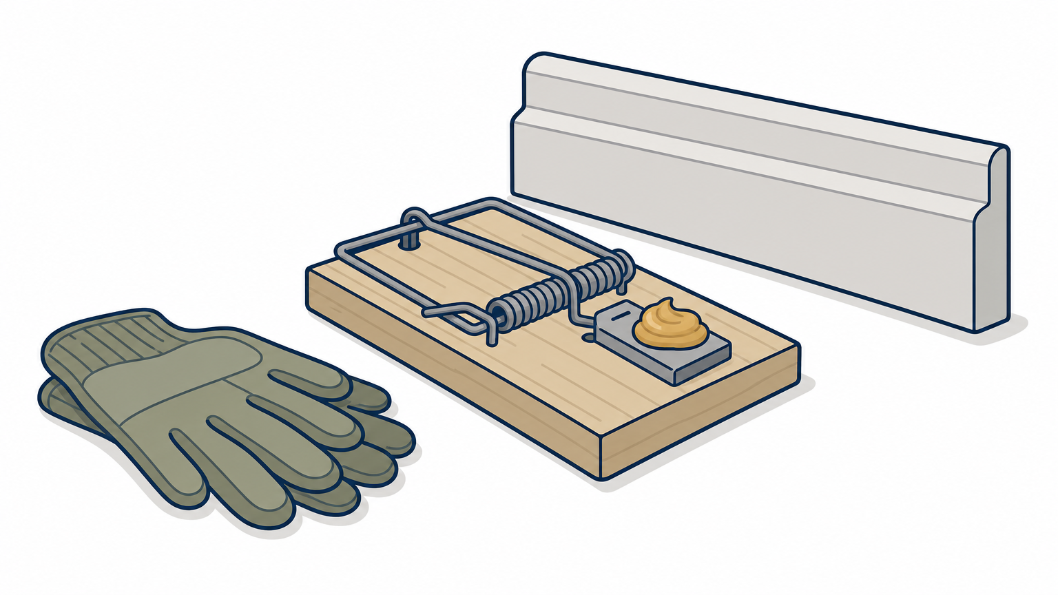 A wooden snap trap set against a baseboard with a dab of peanut butter and folded gloves nearby.