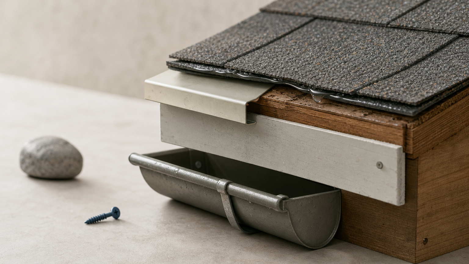 Cutaway of a roof edge showing water clinging under a shingle and running back toward the fascia board.
