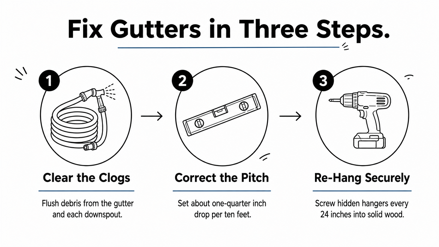 Three-step process showing clearing clogs, correcting the pitch, and re-hanging gutters with hidden hangers.