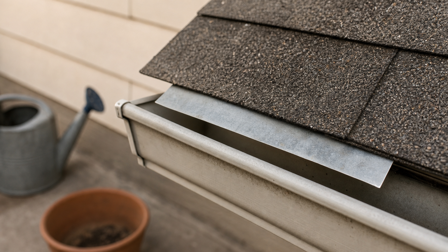 Bent aluminum flashing tucked under the bottom shingle course and extending over a gutter's back lip.