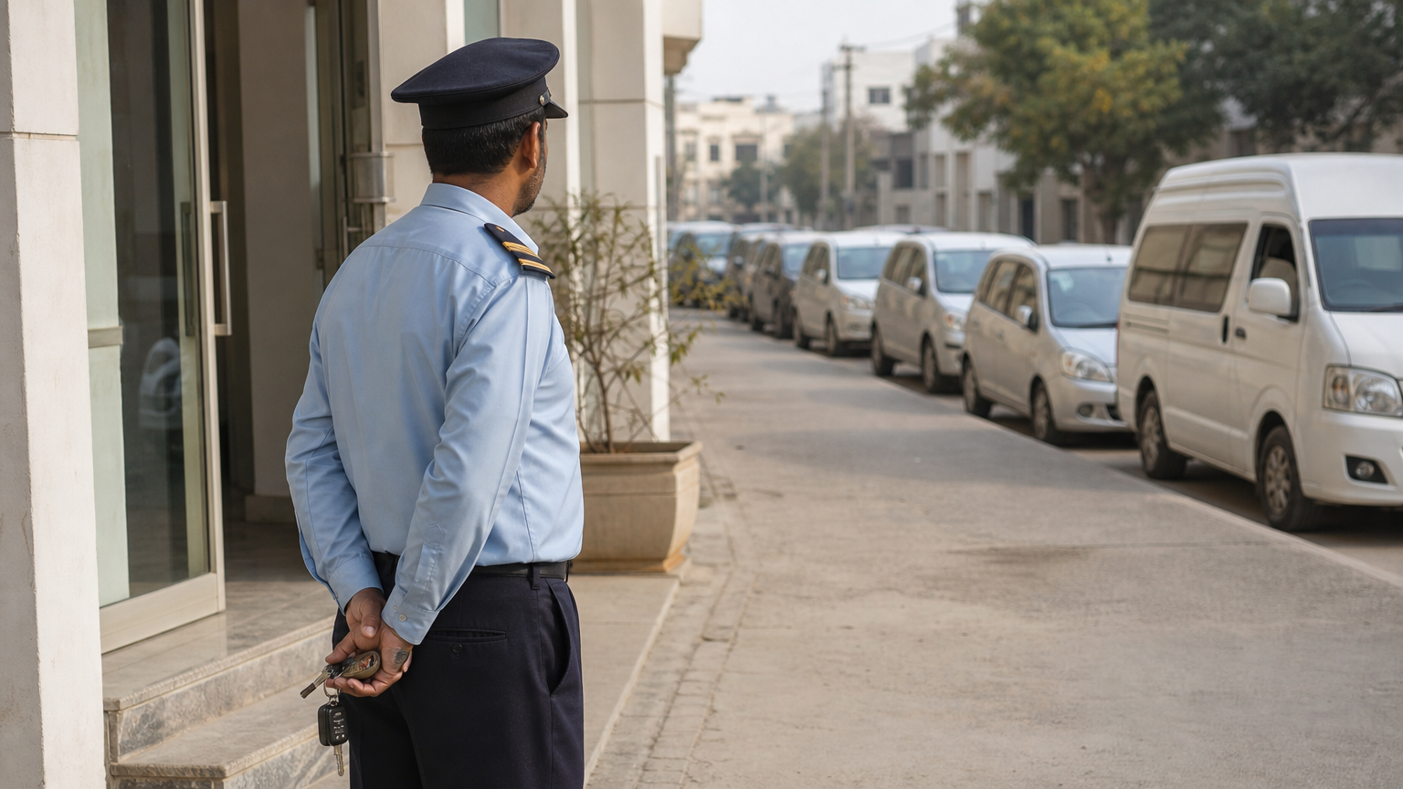 A rental office entrance with compact cars and a van parked outside and a driver holding keys.