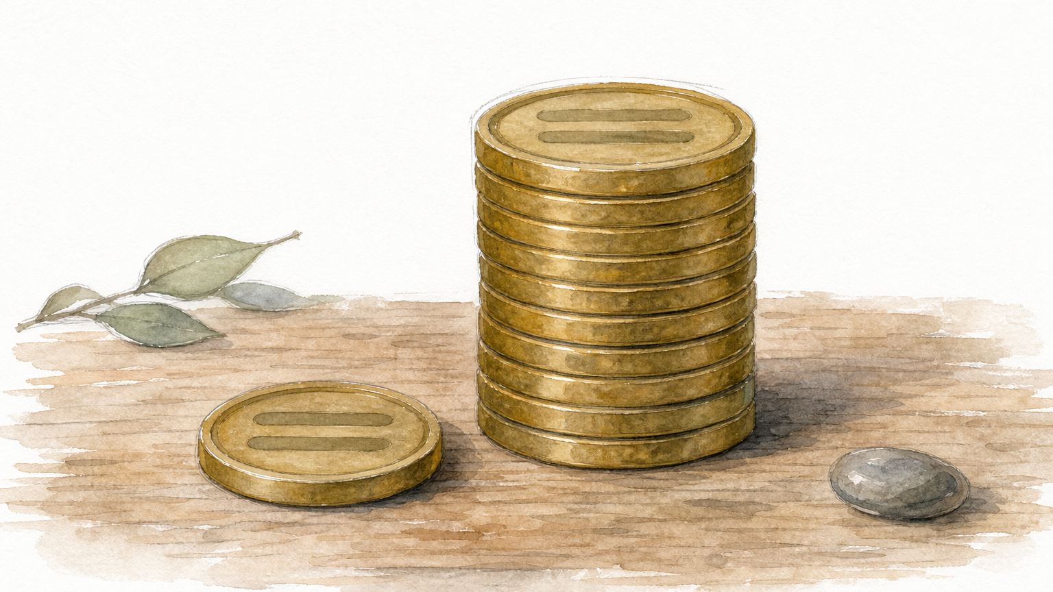 A lone brass token sits on a table next to a tall stack of ten identical tokens.