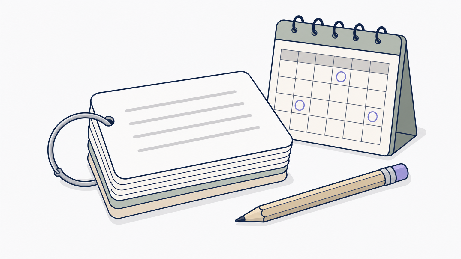 A key ring of index cards lies beside a pencil and a wall calendar with a few days circled.