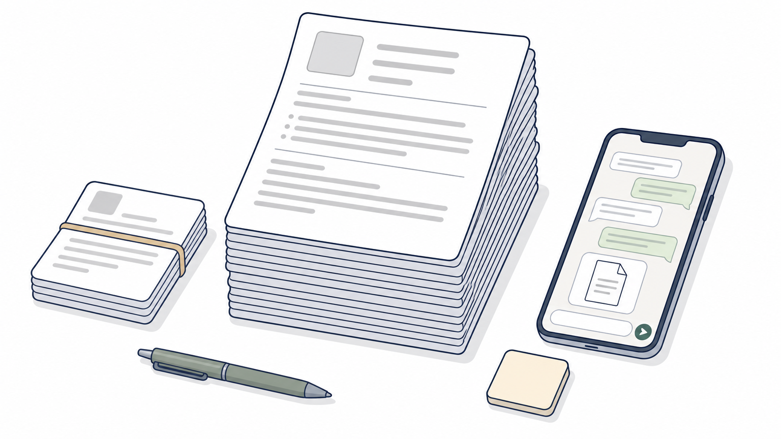 A desk piled with printed CV pages and a phone showing a WhatsApp chat with a PDF attached.