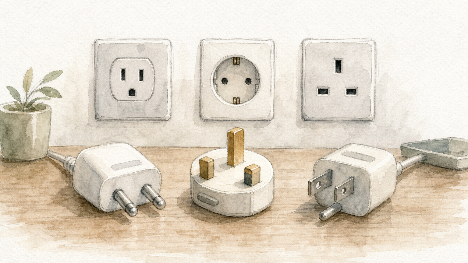 Three differently shaped plugs sit on a desk, each in front of a socket it does not fit.